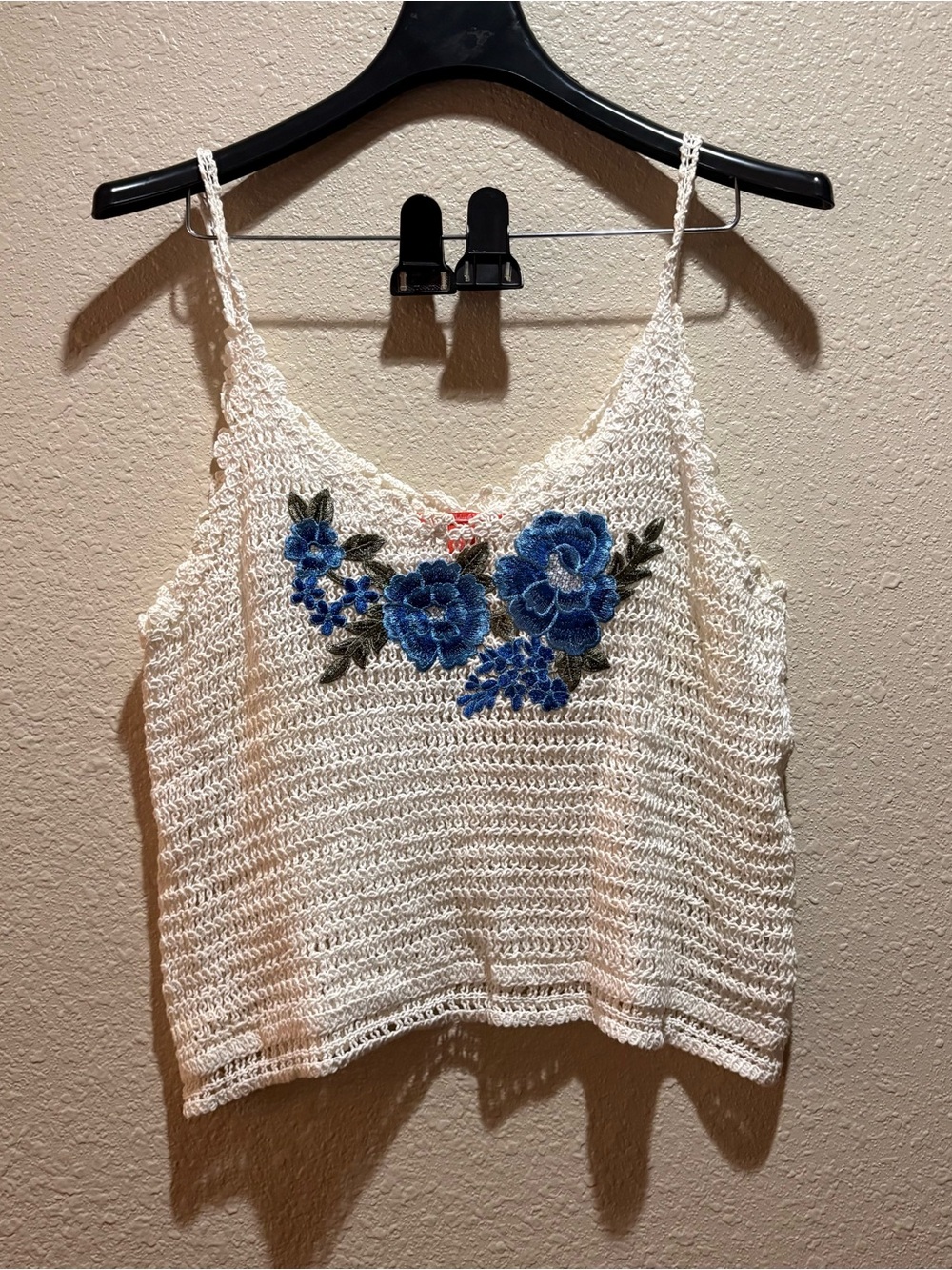 Chelsea & Violet White Crochet Cami with Blue Floral Embroidery